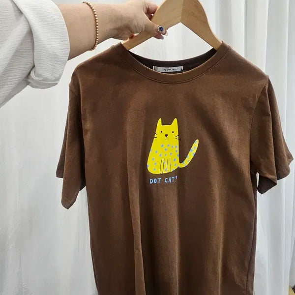 [BUNJANG] Dot Cat Graphic T-Shirt (Free Size) / 브라운 땡땡이 고양이 반팔티 F