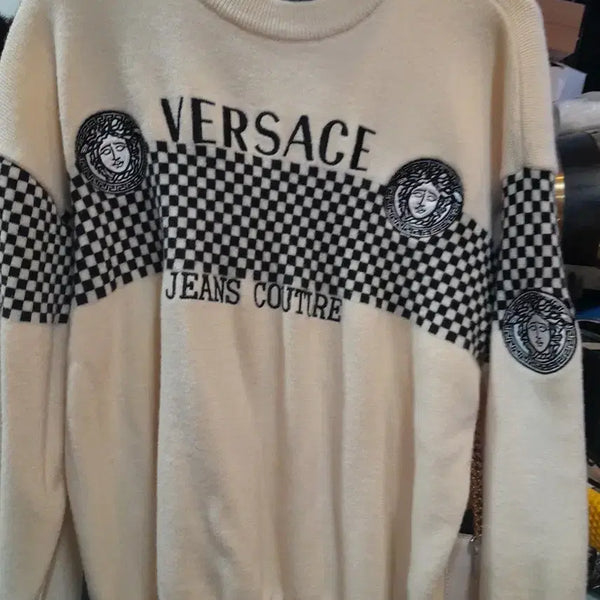 [BUNJANG] Versace Jeans Couture Check Knit Sweater Ivory / 베르사체 진스 꾸뛰르 체크 니트 아이보리 95~100 구형 정품