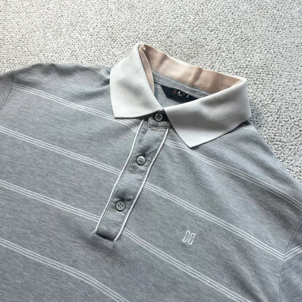 [BUNJANG] DAKS Grey Stripe Short Sleeve Polo T-Shirt L (100) / DAKS 닥스 그레이 스트라이프 카라 반팔 티셔츠 L 100