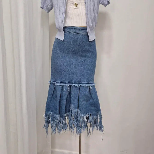 [BUNJANG] Zara Ruffled Cut-off Denim Maxi Skirt / 자라 청치마 프릴 컷팅 롱 스커트