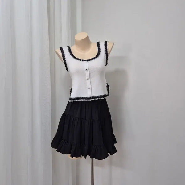 [BUNJANG] White Lace Collar Sleeveless Knit Top and Frill Skirt Set / 흰색 레이스 카라 나시 니트+프릴 스커트