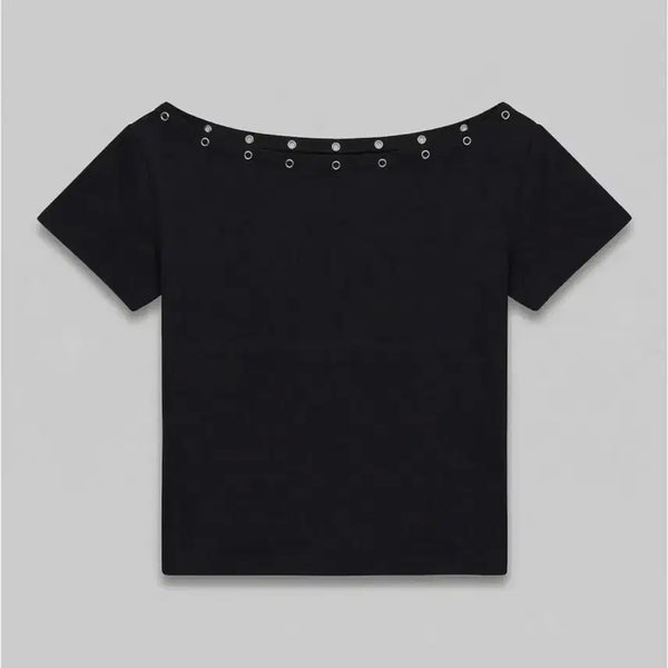 [BUNJANG] Chix Eyelet One Shoulder Slim Short Sleeve T-Shirt - Black / [새상품] 칙스 아일렛 원숄더 슬림 반팔 블랙