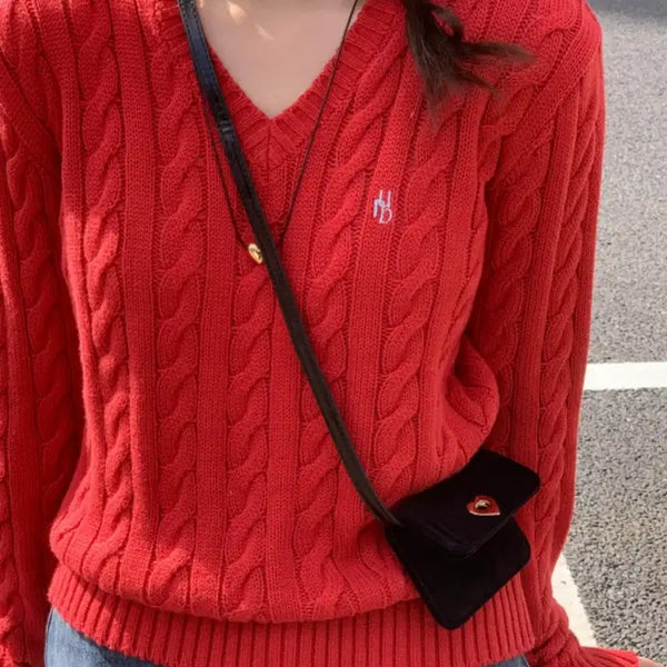 [BUNJANG] Abain Blanc V-Neck Knit Cotton Cable Knit Red / 어베인 블랑 브이넥 니트 코튼 꽈배기 케이블 니트, 레드
