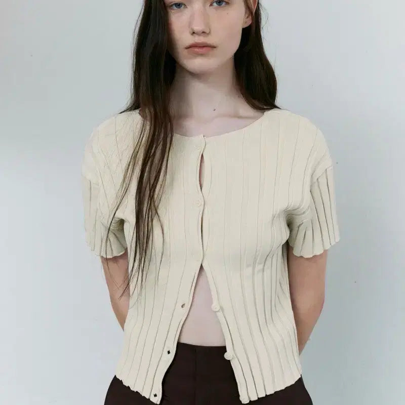 [BUNJANG] AUBEVOUR Rib Line Half Cardigan (Ivory) / 아우브아워 rib line half cardigan (ivory)
