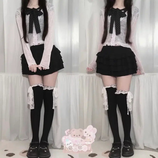 [BUNJANG] Dotty Bow Top, Cheri Tier Skirt, Miruku Cardigan Coordinate Set / 스너그 옷 코디 세트