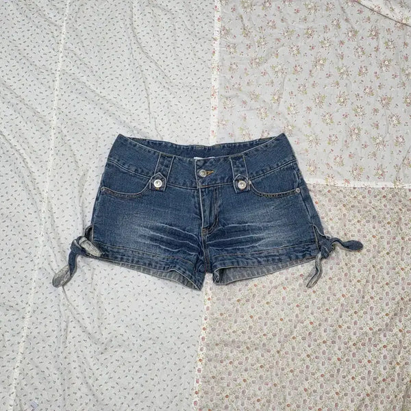 [BUNJANG] Lizlisa Lace Ribbon Cubic Denim Shorts Hime Gyaru / 리즈리사 레이스 리본 큐빅 데님 숏팬츠 히메갸루