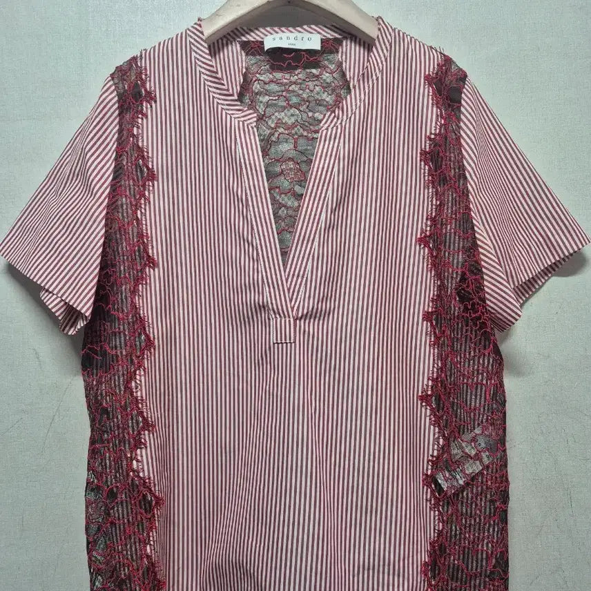 [BUNJANG] Sandro Striped Mesh Lace Blouse / 산드로 스트라이프 망사 레이스 블라우스