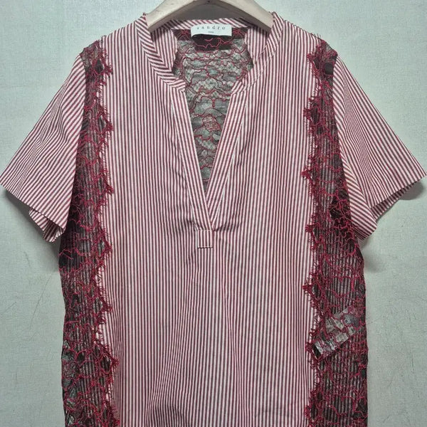 [BUNJANG] Sandro Striped Mesh Lace Blouse / 산드로 스트라이프 망사 레이스 블라우스