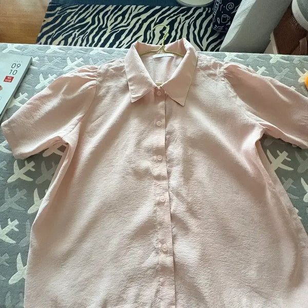 [BUNJANG] Seersucker Pink Short-Sleeve Blouse / [1번 착용] 시어서커 핑크 반팔 블라우스