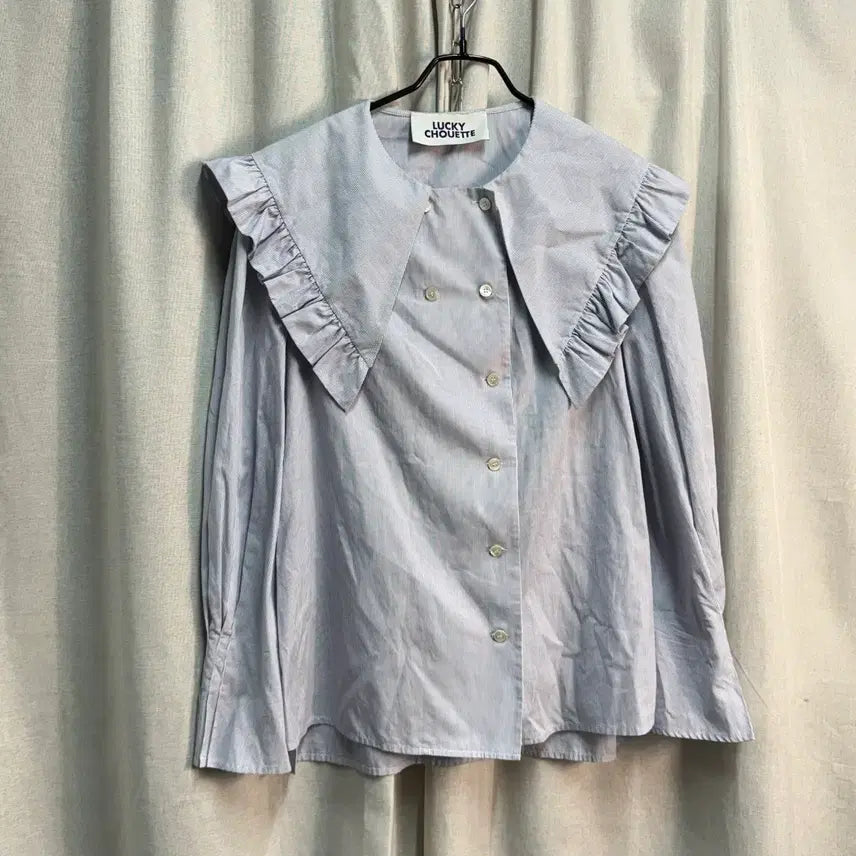 [BUNJANG] Lucky Chouette Big Collar Frill Stripe Blouse Shirt / [66] 럭키슈에뜨 빅카라 프릴 스트라이프 블라우스 셔츠