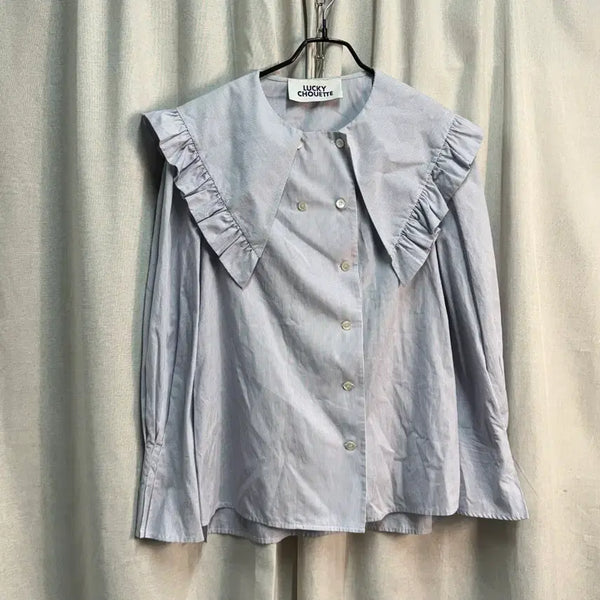 [BUNJANG] Lucky Chouette Big Collar Frill Stripe Blouse Shirt / [66] 럭키슈에뜨 빅카라 프릴 스트라이프 블라우스 셔츠