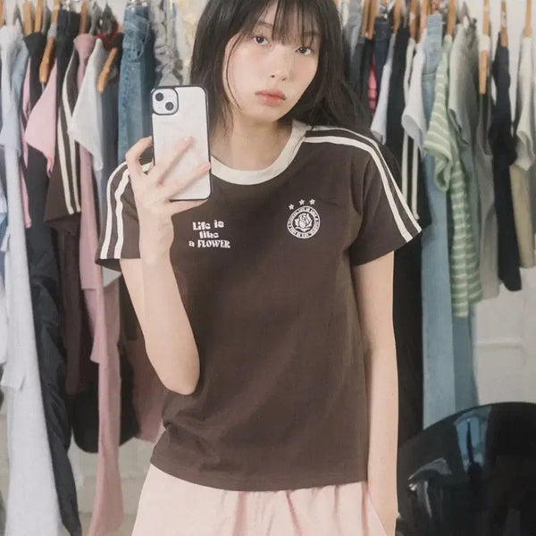 [BUNJANG] Brown Short Sleeve T-Shirt with Flower Embroidery / 브라운 반팔 티셔츠