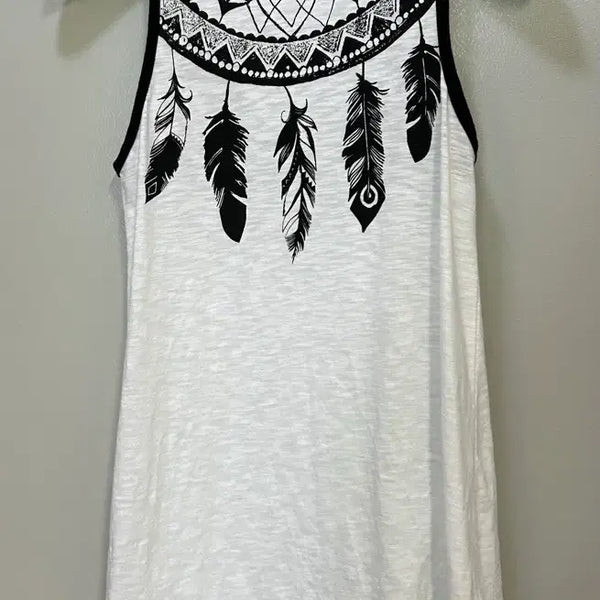 [BUNJANG] DEEFREY Feather Print Sleeveless T-Shirt White / DEEFREY 나시 티셔츠 흰색 깃털 프린팅