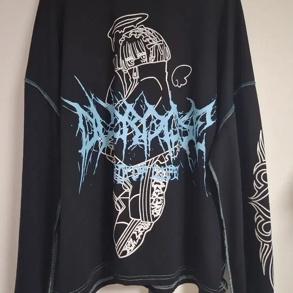 [BUNJANG] Volcan Sky Blue Stitch Angel Long Sleeve T-Shirt / 볼칸 하늘색 스티치 천사 롱슬리브 티셔츠