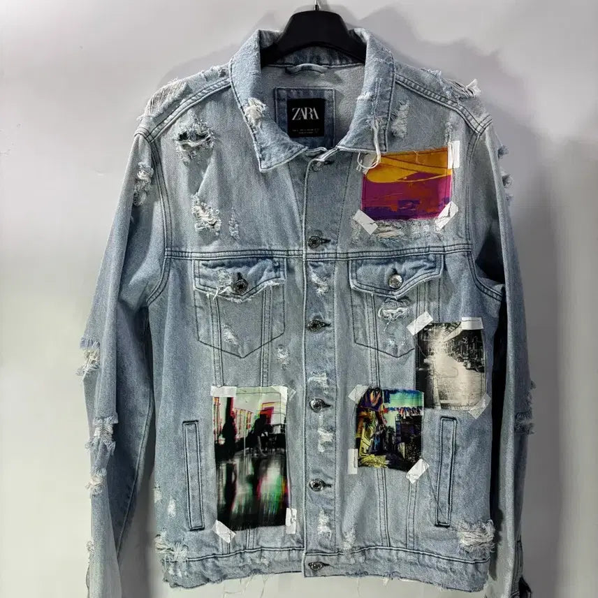 [BUNJANG] Zara Multi-Printing Distressed Denim Jacket / (L)  자라 멀티 프린팅 디스트로이드 데님 자켓 청자켓 3.0