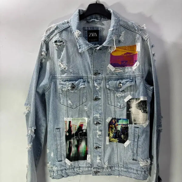 [BUNJANG] Zara Multi-Printing Distressed Denim Jacket / (L)  자라 멀티 프린팅 디스트로이드 데님 자켓 청자켓 3.0