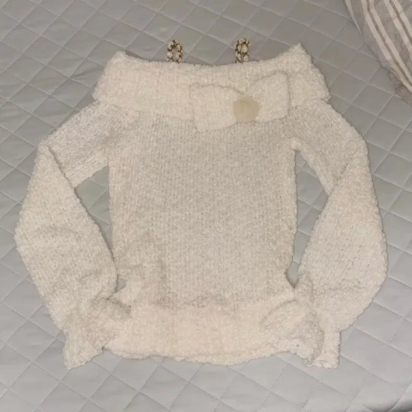 [BUNJANG] Liz Lisa Ribbon Off-Shoulder Knit Sweater / LIZLISA 리즈리사 고전 리본 오프숄더 니트 라떼갸루 히메갸루