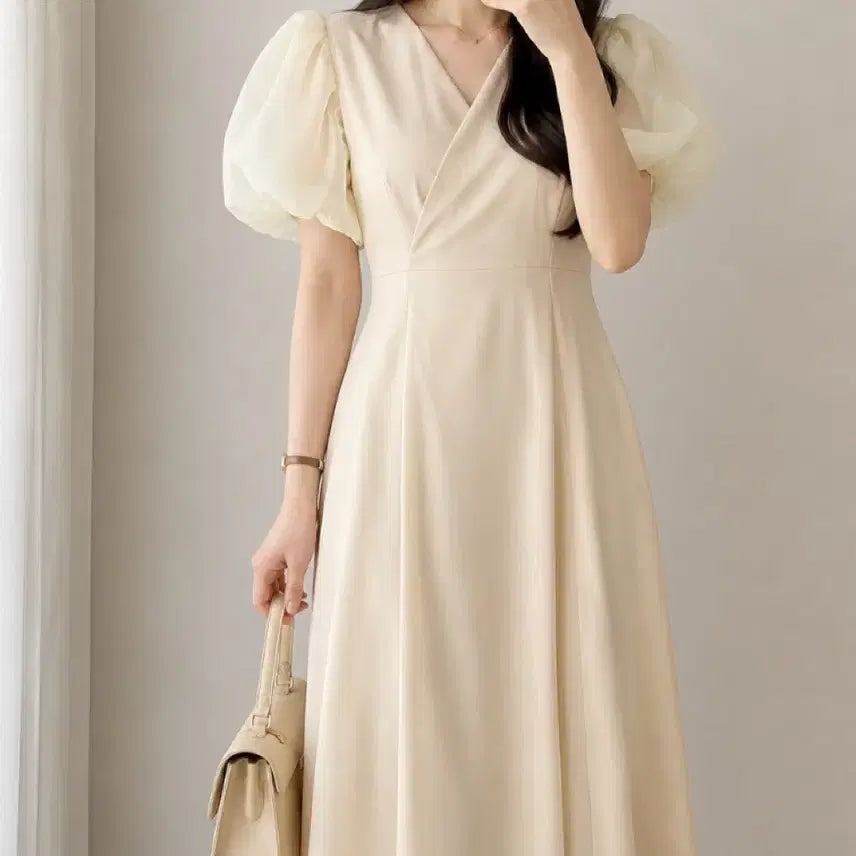 [BUNJANG] Dint Organza Puff Sleeve Wrap Dress / 딘트 오간자 퍼프 소매 원피스