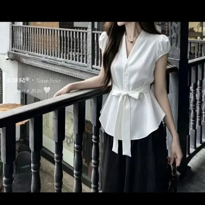 [BUNJANG] Puff Sleeve Ribbon Blouse / (새상품) 퍼프 소매 허리 리본 블라우스