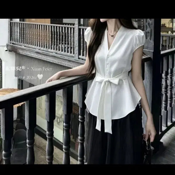 [BUNJANG] Puff Sleeve Ribbon Blouse / (새상품) 퍼프 소매 허리 리본 블라우스