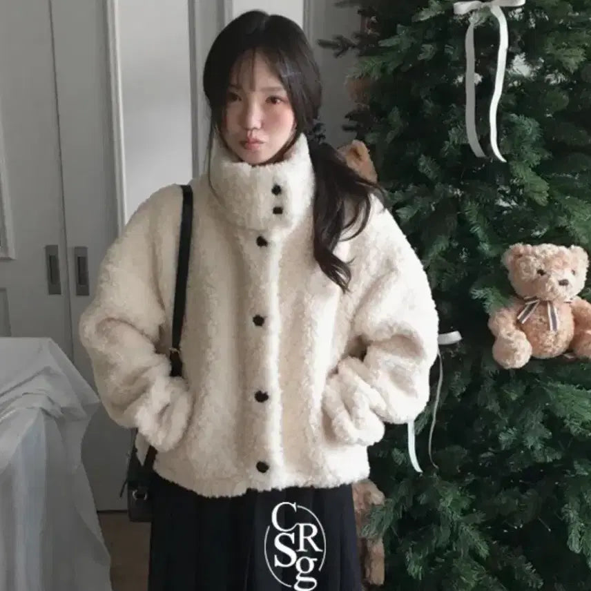 [BUNJANG] Cream Sugar Dumble Half Coat High Neck Coat Fur Jacket / 에이블리 크림슈가 포포 덤블 하프코트 무스탕 하이넥코트 퍼자켓