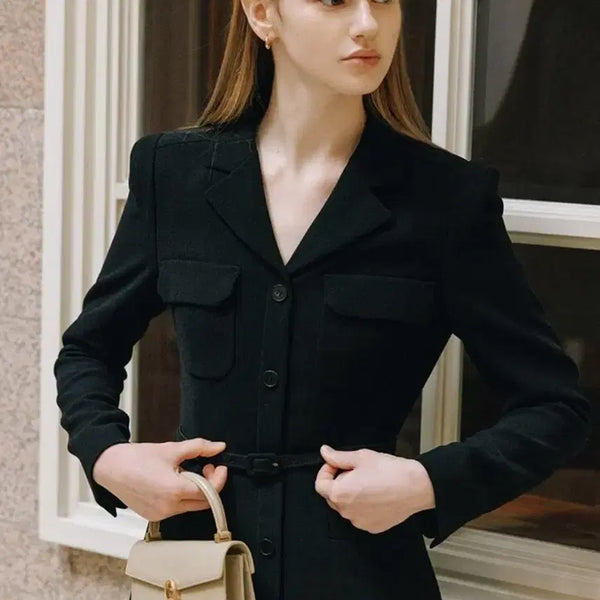 [BUNJANG] BAU NIA Notched Collar A-Line Dress Black (L) / BAU NIA Notched collar A-line 원피스 블랙 L
