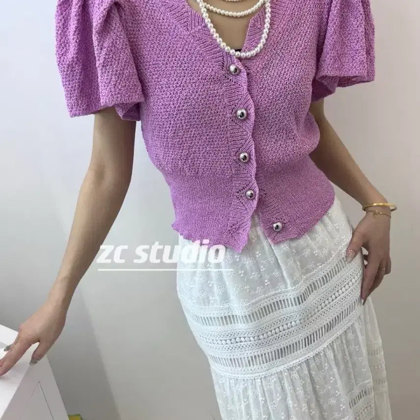 [BUNJANG] Puff Sleeve Knit Cardigan Lavender / (새상품) 퍼프 소매 니트 가디건 라벤더