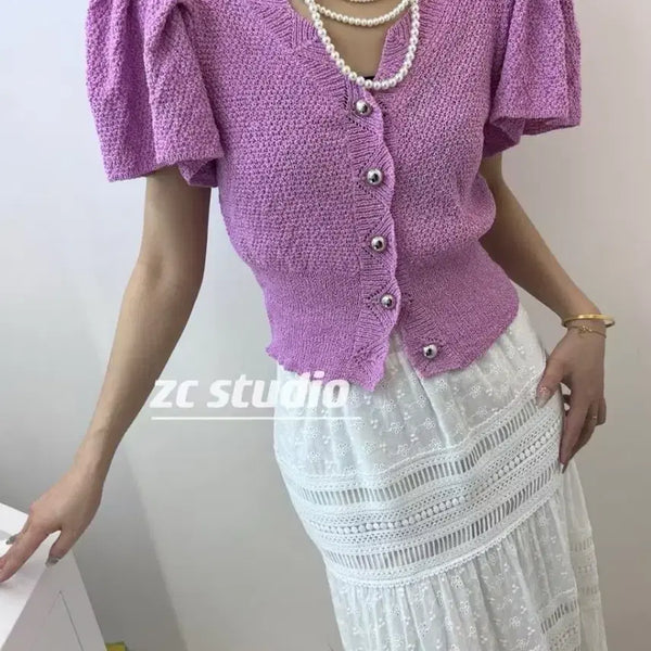 [BUNJANG] Puff Sleeve Knit Cardigan Lavender / (새상품) 퍼프 소매 니트 가디건 라벤더