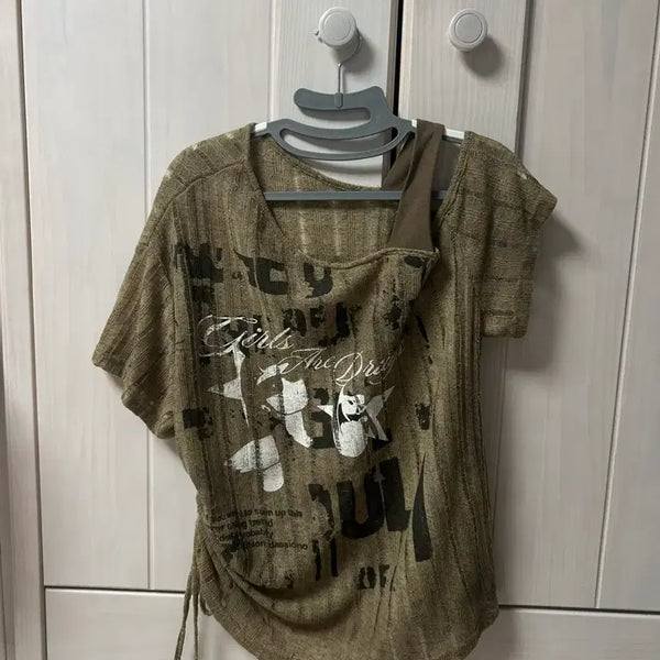 [BUNJANG] Bansell Washed Shirring Half Sleeve One Shoulder Top / 반셀 원숄더 워싱 셔링 반팔