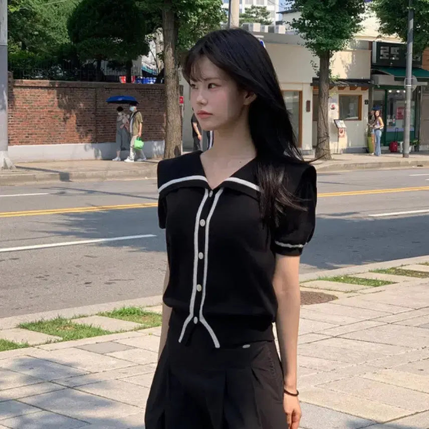 [BUNJANG] Evmow Sailor Collar Cardigan Black / 에브모우 세일러 카라 가디건 블랙