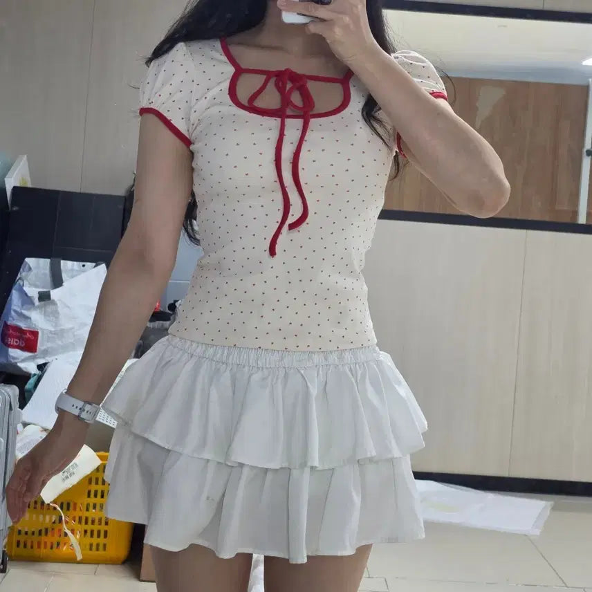 [BUNJANG] Heart Dot Ribbon Short Sleeve T-Shirt / 하트 도트 리본 반팔티(새상품)