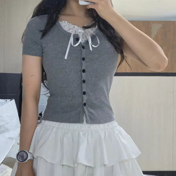 [BUNJANG] White Lace Short Sleeve Ribbon T-Shirt / 레이스 반팔리본티 팔아요 (새상품)