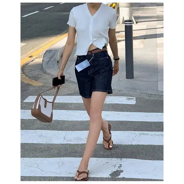[BUNJANG] Mode Farbe Stitch Detail Non-Fade Denim Shorts / 논페이드 스티치 데님반바지 하프팬츠 청반바지 S M