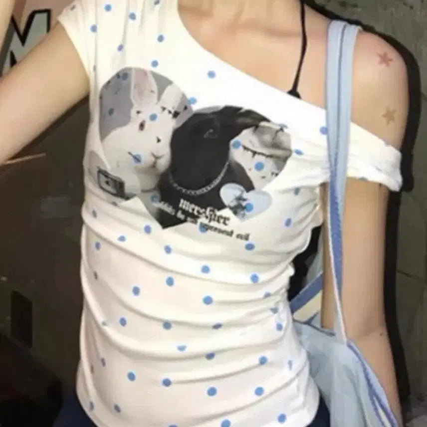 [BUNJANG] Heart Rabbit Dot Short Sleeve T-Shirt M / 하트 토끼 도트 무늬 반팔 티셔츠 M 시착