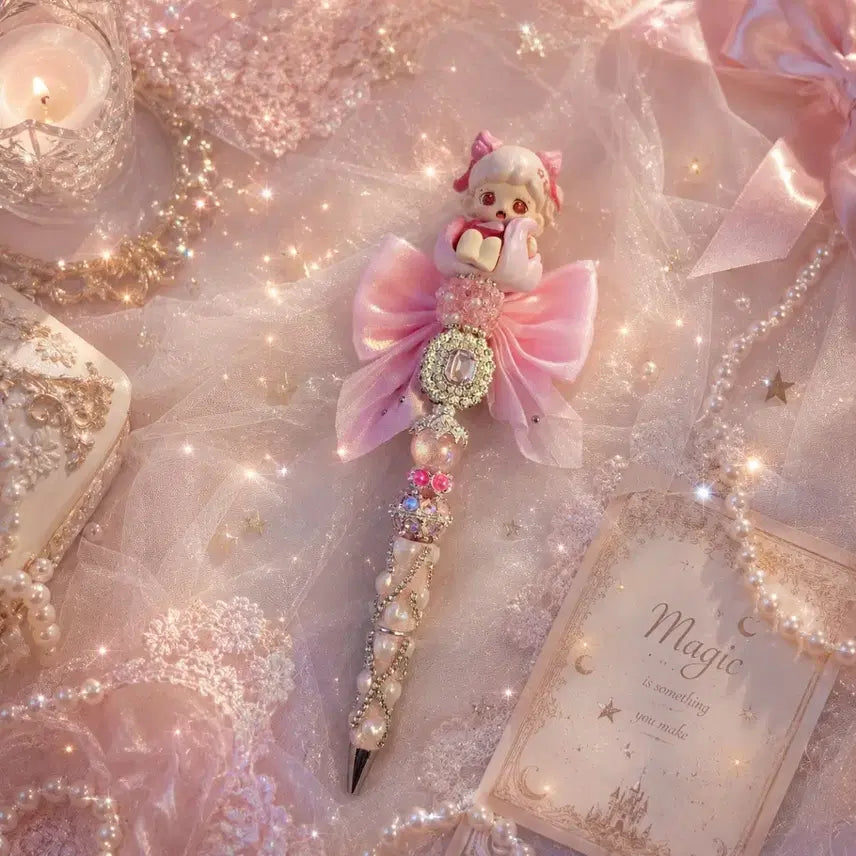 [BUNJANG] Jora Figure Handmade Ballpoint Pen with Pink Ribbon and Pearl Embellishments / 조라피규어 볼꾸볼펜 핸드메이드