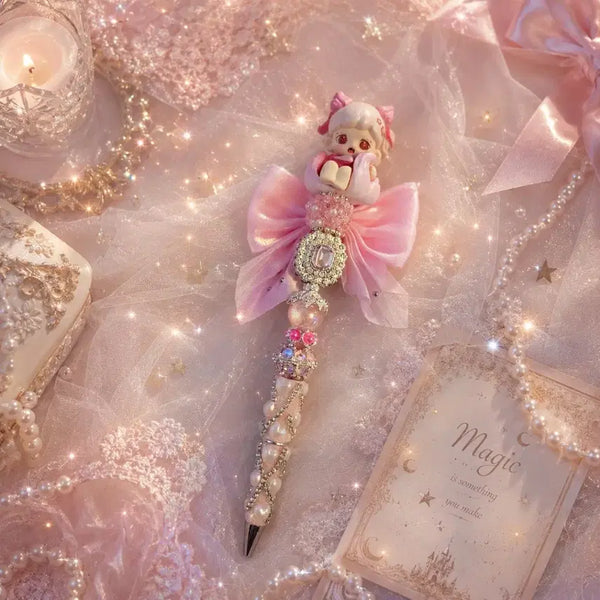 [BUNJANG] Jora Figure Handmade Ballpoint Pen with Pink Ribbon and Pearl Embellishments / 조라피규어 볼꾸볼펜 핸드메이드
