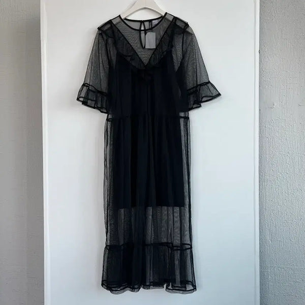 [BUNJANG] H&M Black See-through Frill Sheer Dress L / (새상품) H&M 블랙 시스루 프릴 시어드 원피스 L