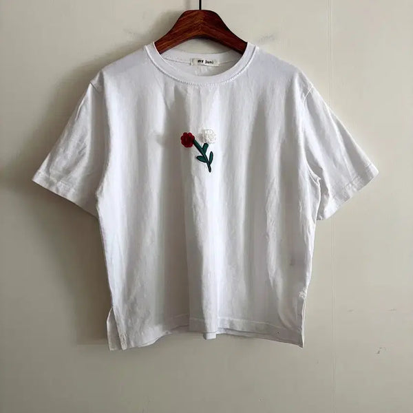 [BUNJANG] My Juni Flower Embroidery Short Sleeve T-Shirt / 마이쥬니 꽃 자수 반팔 티셔츠