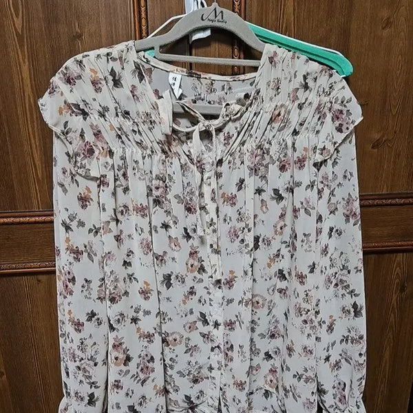 [BUNJANG] Flower Pattern Beige Chiffon Blouse / 플라워 패턴 베이지 쉬폰 블라우스