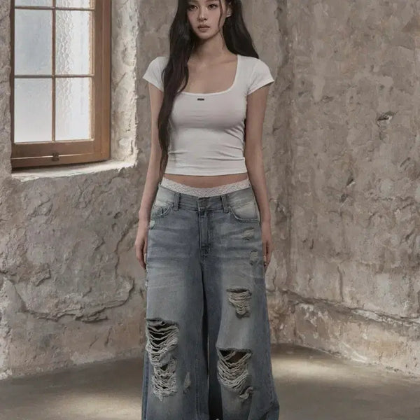 [BUNJANG] Khaki Point Rough Cut Wide Denim Pants Blue S / 카키포인트 러프 컷 와이드 데님 팬츠 블루 S