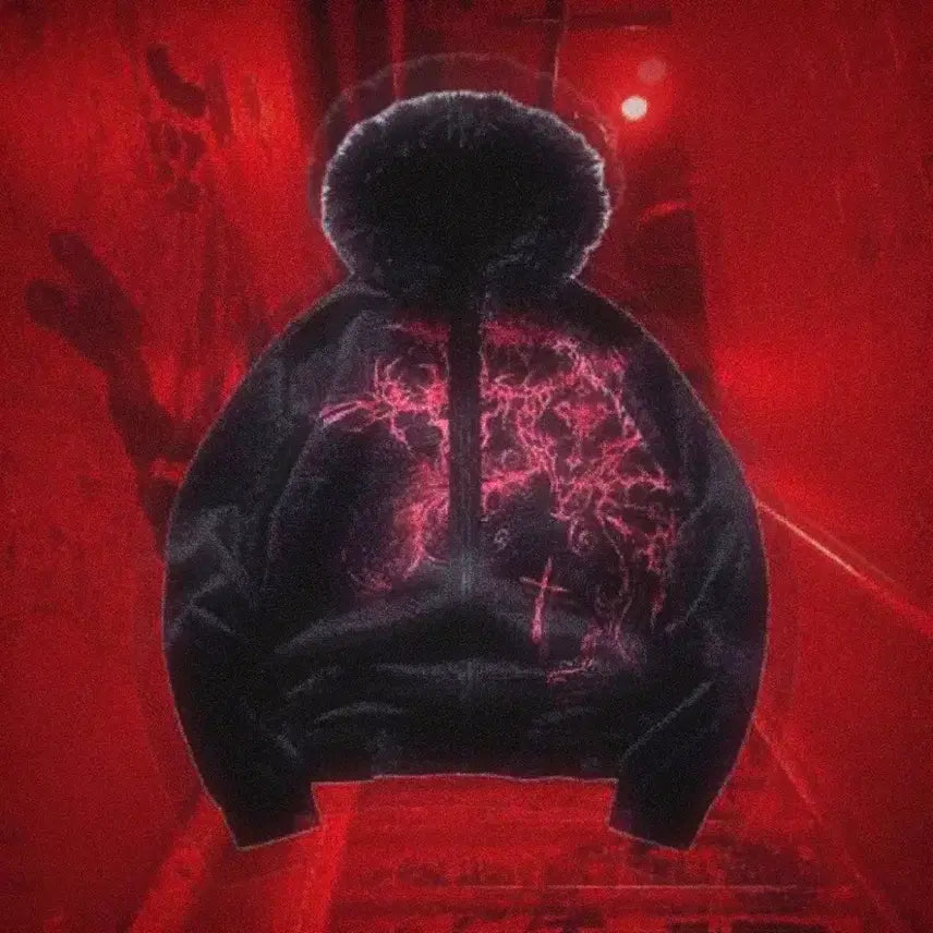 [BUNJANG] Mad Punk Gothic Punk Printing Fur Hooded Zip-Up Hoodie / 고스펑크 프린팅 털 후드집업 매드펑크 고딕