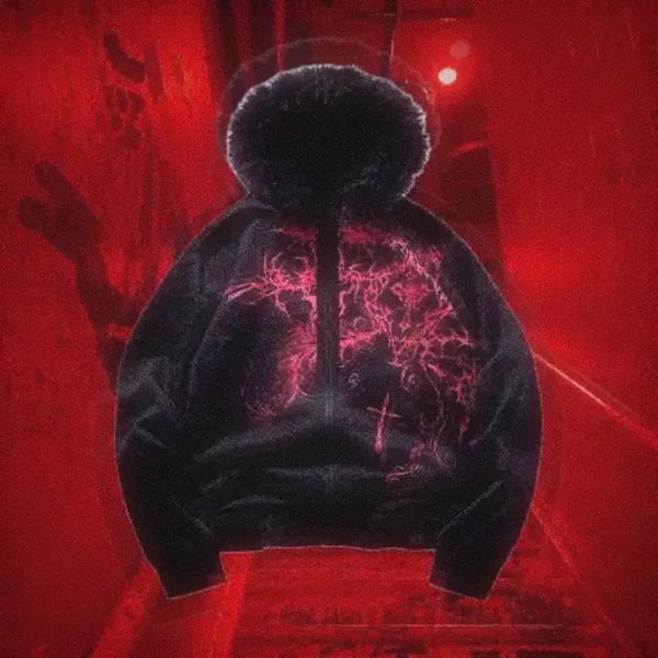 [BUNJANG] Mad Punk Gothic Punk Printing Fur Hooded Zip-Up Hoodie / 고스펑크 프린팅 털 후드집업 매드펑크 고딕