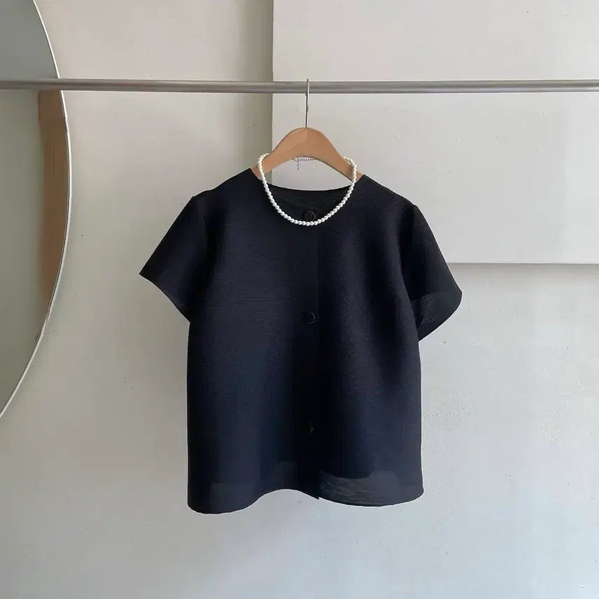 [BUNJANG] Black Pleated Short Sleeve Jacket / 블랙 플리츠 주름 반팔 자켓