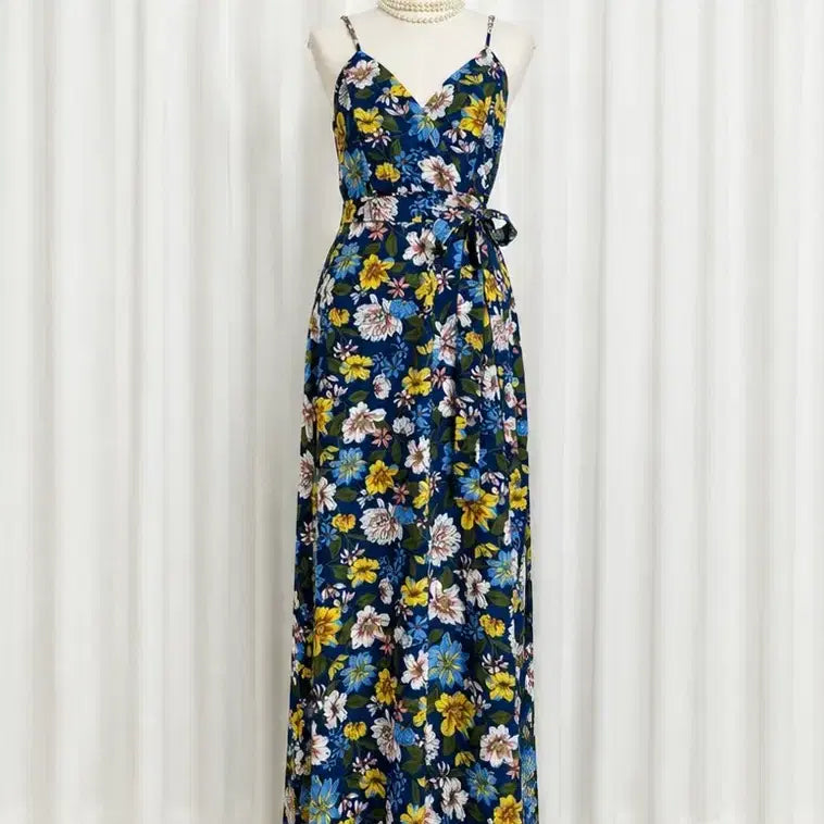 [BUNJANG] Vacation Floral Maxi Long Dress with Belt Set (Navy) / (새상품) 휴양지 플라워 맥시 롱원피스 (벨트SET) 44-55추천