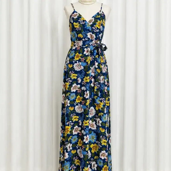 [BUNJANG] Vacation Floral Maxi Long Dress with Belt Set (Navy) / (새상품) 휴양지 플라워 맥시 롱원피스 (벨트SET) 44-55추천