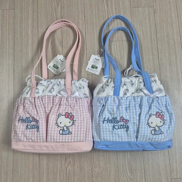 [BUNJANG] Hello Kitty Checkered Tote Bag with Pouch / 헬로키티 토트백 체크가방 파우치 핑크/블루