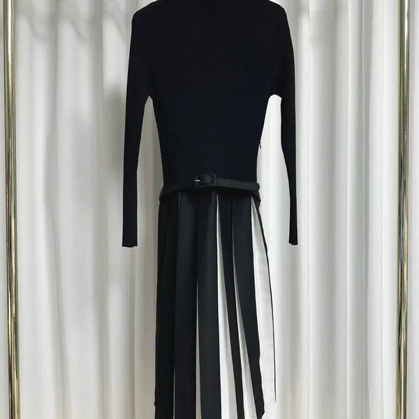 [BUNJANG] Long Sleeve Knit Color Block Pleated Long Dress with Belt Set / 긴팔 니트 배색 주름 롱원피스 (belt set)