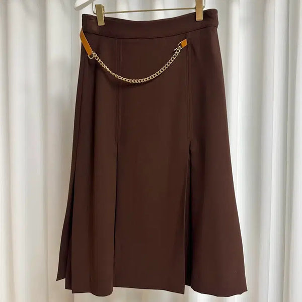 [BUNJANG] Gold Chain Flare Long Skirt (Brown, Size 36) / (새상품) 골드체인 플레어 롱스커트 (브라운,36)
