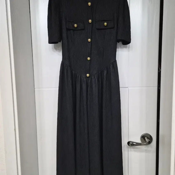 [BUNJANG] Black Gold Button Long Dress / 블랙 금장 버튼 원피스