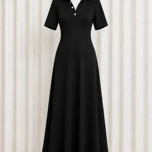 [BUNJANG] Imported Black V-Neck Flare Maxi Long Dress (Size S, 44-55) / (새상품_수입) 카라 V넥 블랙 반팔 플레어 맥시 롱원피스 S (44~55추천)